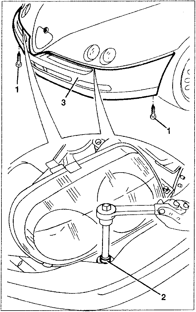 Front bumper removal diagram showing side bumper connection bracket and screws
