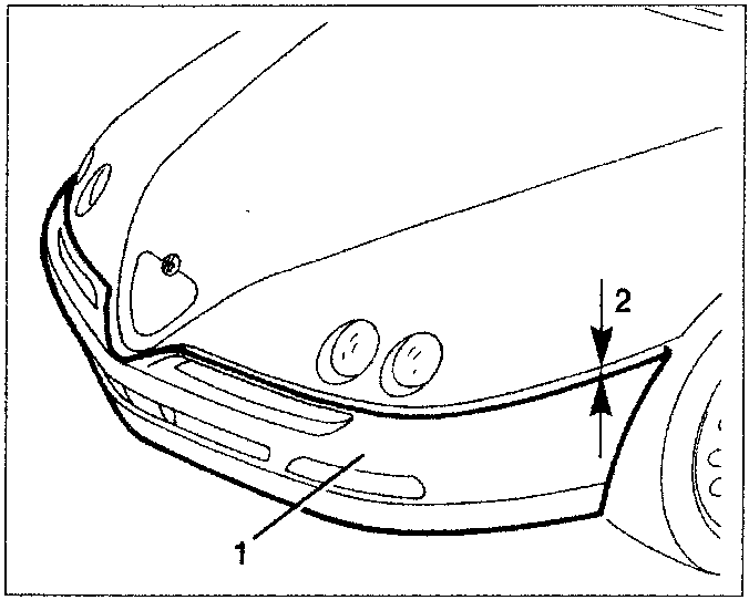 Front bumper alignment check showing bumper 1 and alignment measurement 2