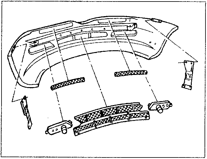 Disassembled front bumper components with rivets and fasteners