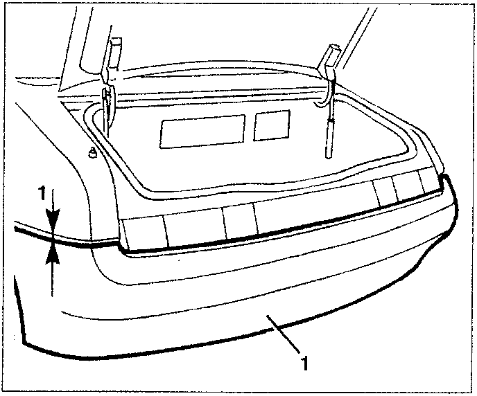 Diagram showing rear bumper alignment with body, with arrow 1 indicating adjustment