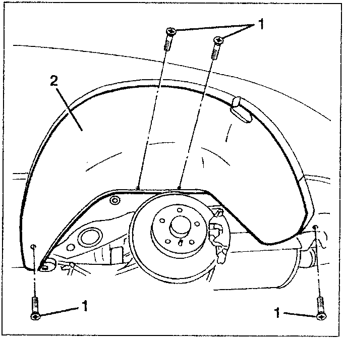 Rear gravel guard removal diagram showing wheel, fastening screws, and gravel guard.