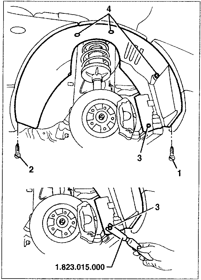 Front gravel guard removal diagram showing wheel, bumper connection screw, underdoor strip front screw, plastic nails, and tool 1.823.015.000 in use.