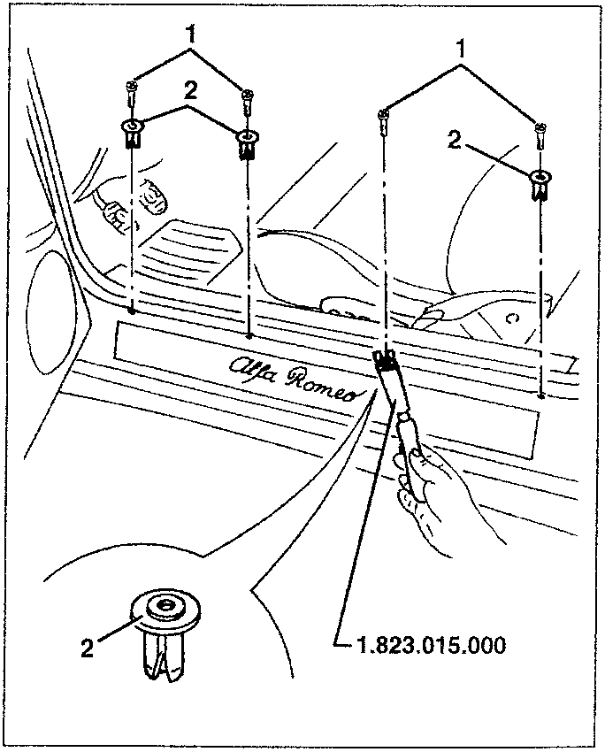 Underdoor strip removal diagram showing door, upper plastic screws, expansion plugs, and tool 1.823.015.000 in use.