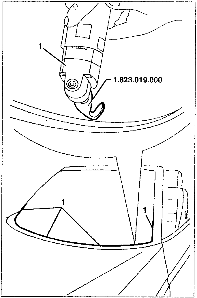Illustration showing electric cutter cutting sealant on lower windscreen area.