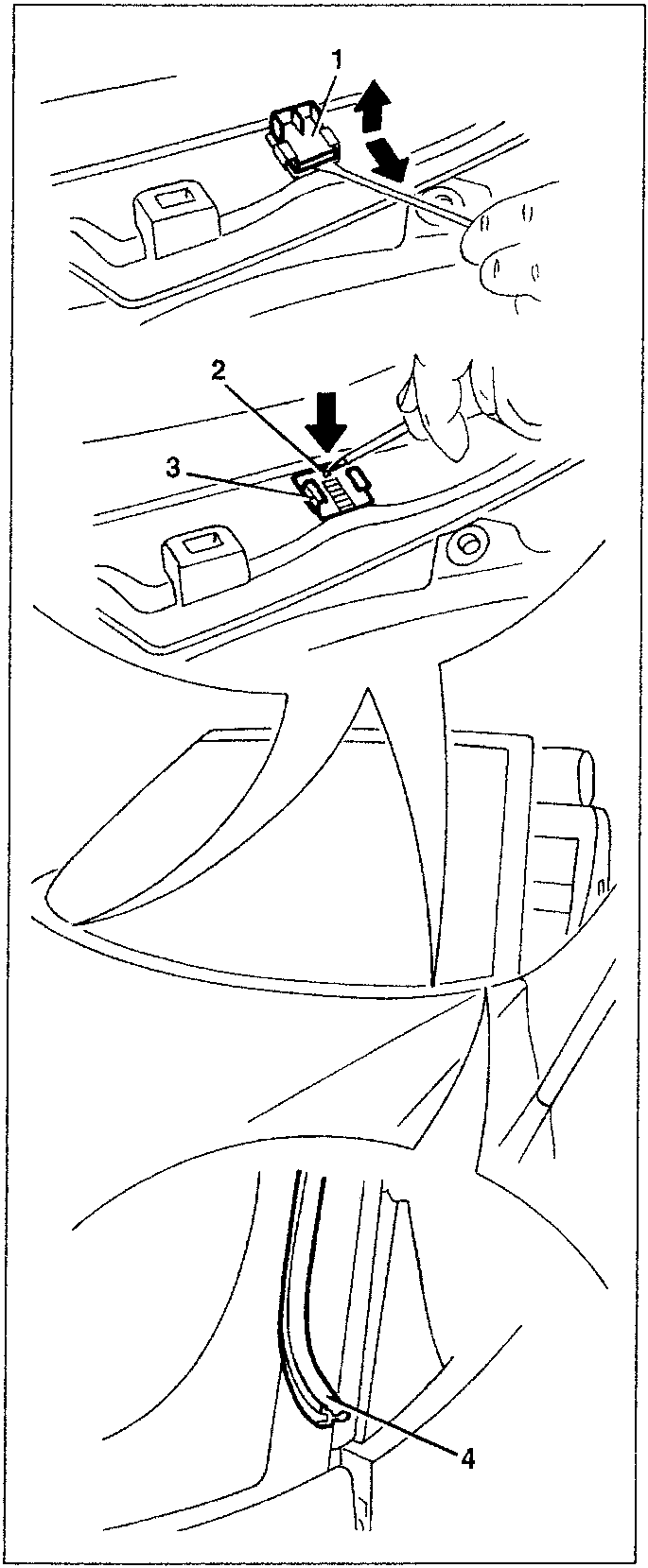 Illustration showing steps to remove windscreen rest feet and glass moulding.