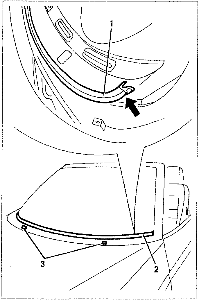Diagram showing removal and positioning of lower windshield seal and rest feet