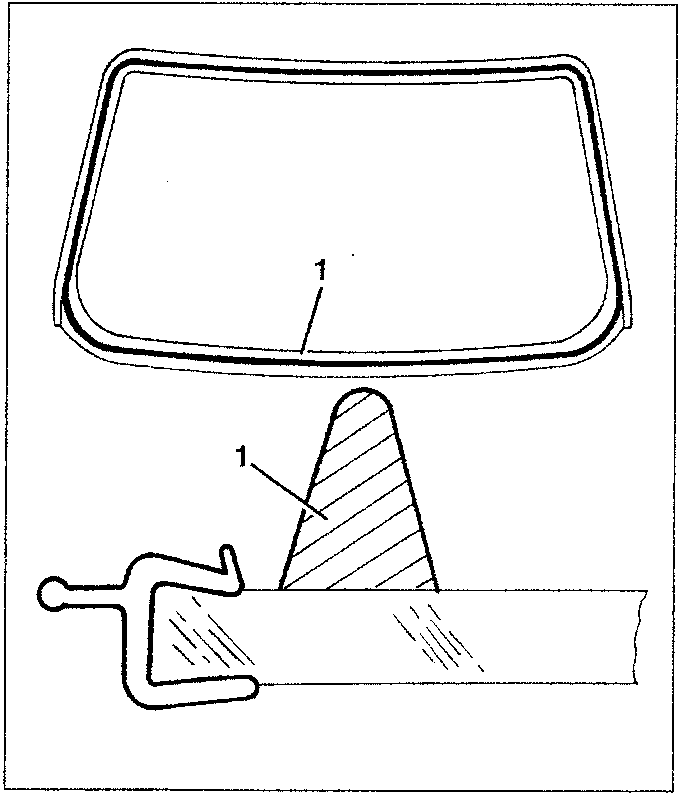 Diagram showing sealant application on a windshield with a nozzle.