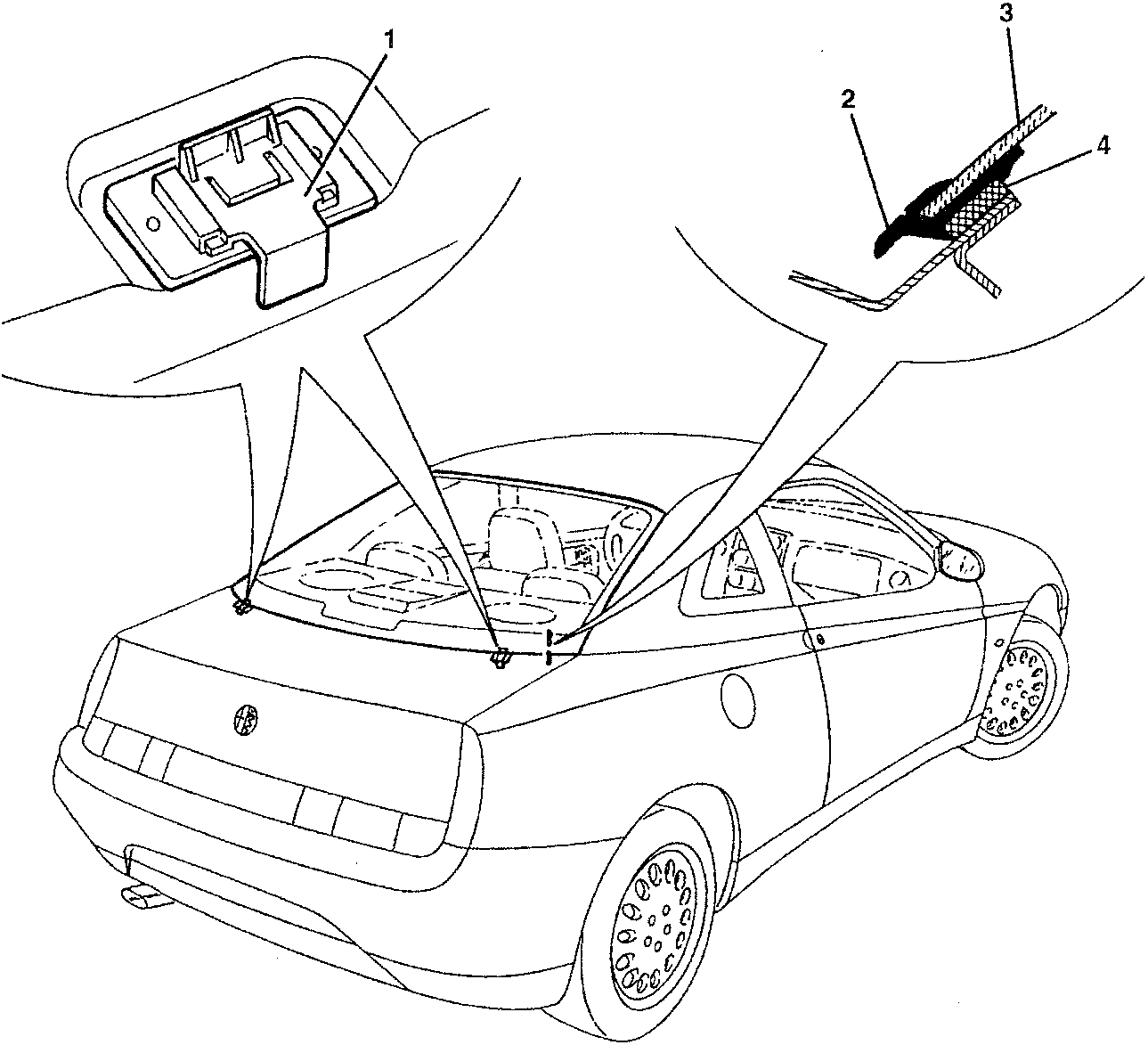 Diagram showing the rear screen assembly with labeled parts: 1. Adjustable foot, 2. "Co-moulded" seal, 3. Glass, 4. Sealant. The diagram illustrates the car's rear screen area with these components highlighted and connected to the vehicle structure.
