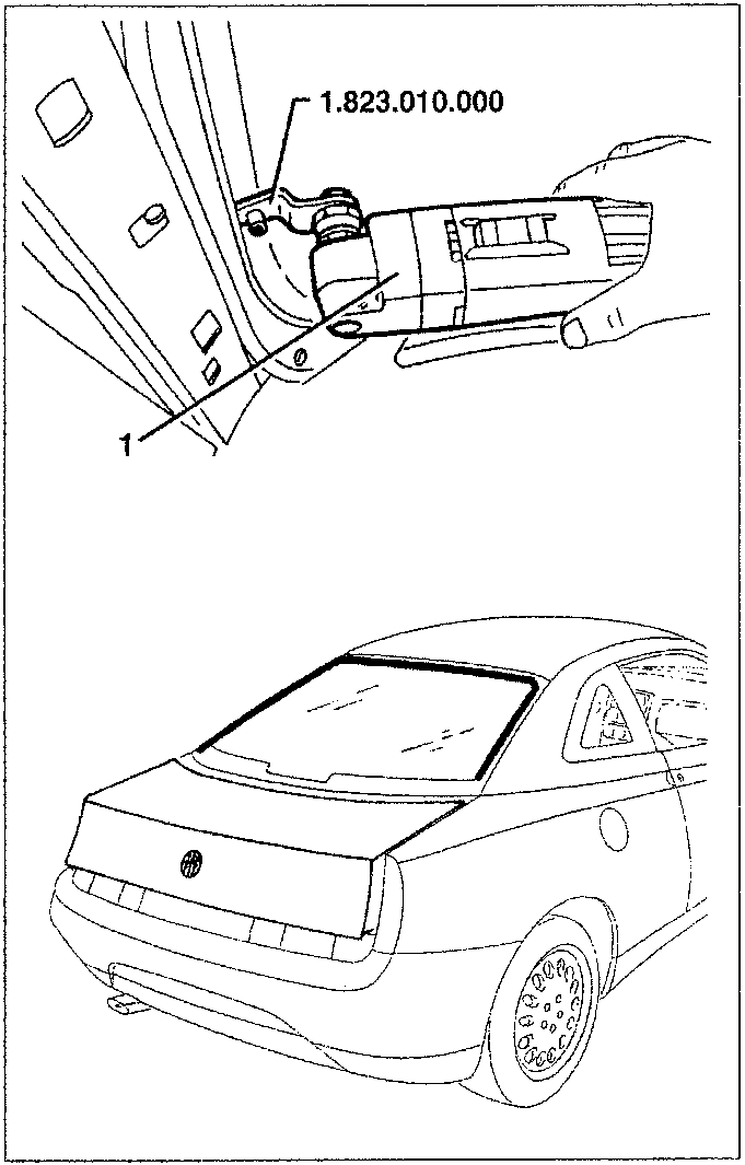 Illustration showing electric cutter with blade 1.823.010.000 cutting sealant near rear screen