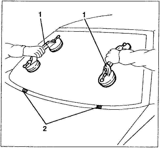 Illustration showing hands using suction cups to position a rear screen glass into its housing, with numbered parts 1 and 2 indicating the suction cups and the lower edge of the glass respectively.