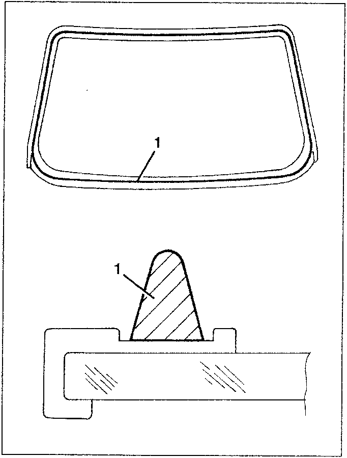 Diagram showing a rear screen glass with a sealant groove around its edge, and a close-up view of a sealant nozzle applying sealant to the groove.