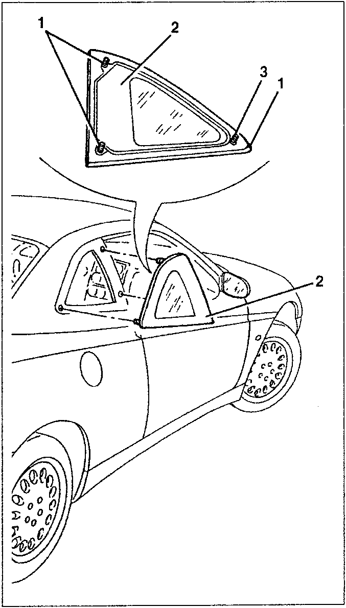Diagram showing fixed side window components: 1. Positioning nail, 2. Glass, 3. Seal