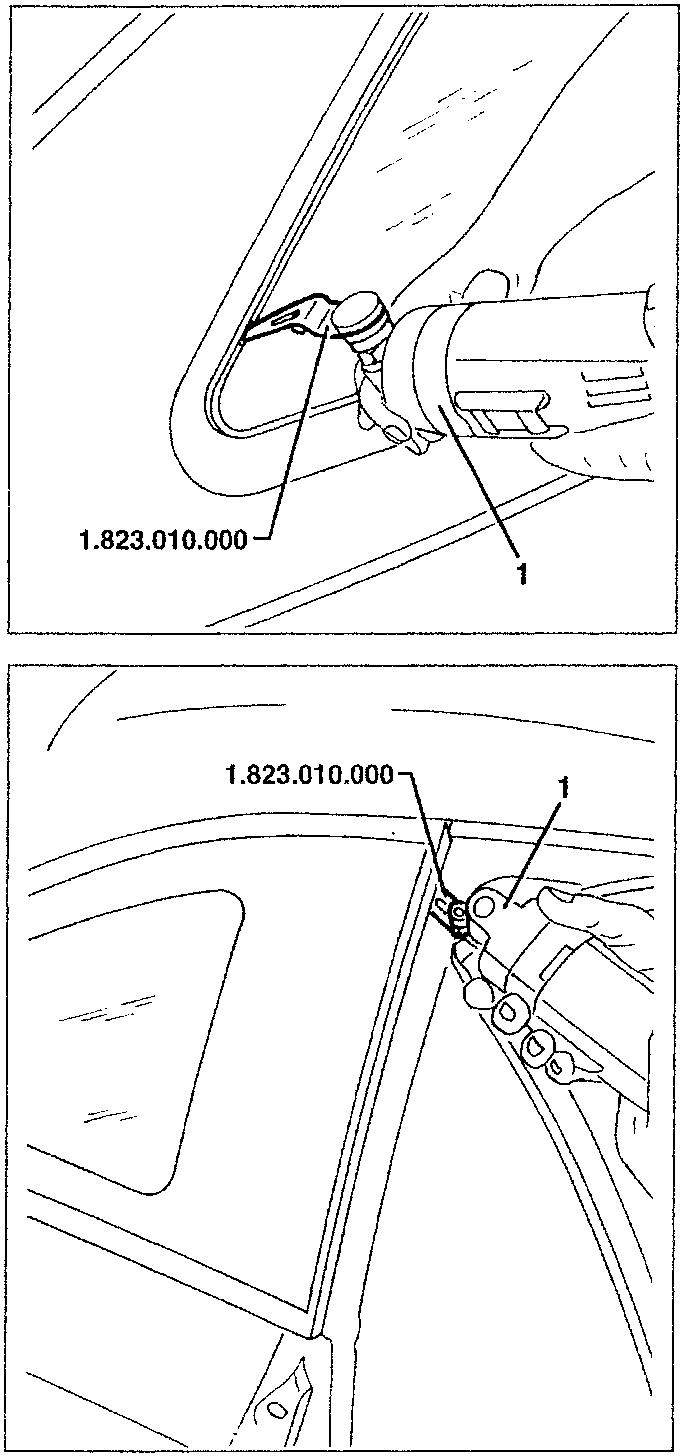 Diagram showing electric cutter with blade 1.823.010.000 cutting sealant at glass edge and another view showing blade 1.823.010.000 cutting vertical side sealant.
