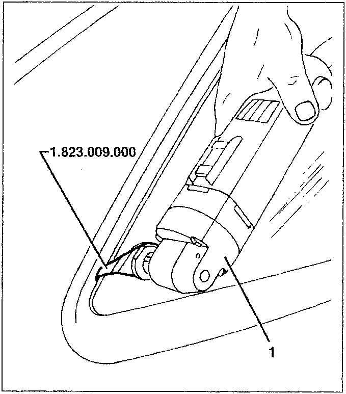 Diagram showing electric cutter with blade 1.823.009.000 cutting sealant at glass edge.