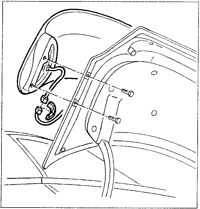 Rear spoiler removal diagram showing fastening screws and electrical connections