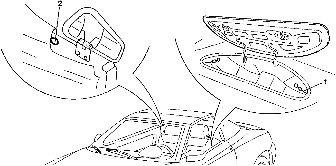 Diagram showing emergency release cords for hood cover actuators with numbered parts 1 and 2.