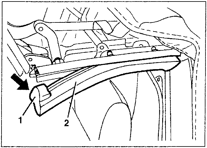 Diagram showing a hood latch mechanism with parts labeled 1 and 2.