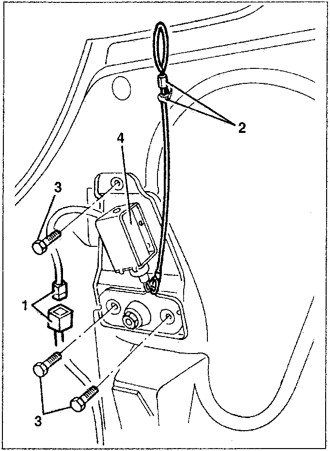 Diagram showing hood release actuator with labeled parts 1, 2, 3, and 4