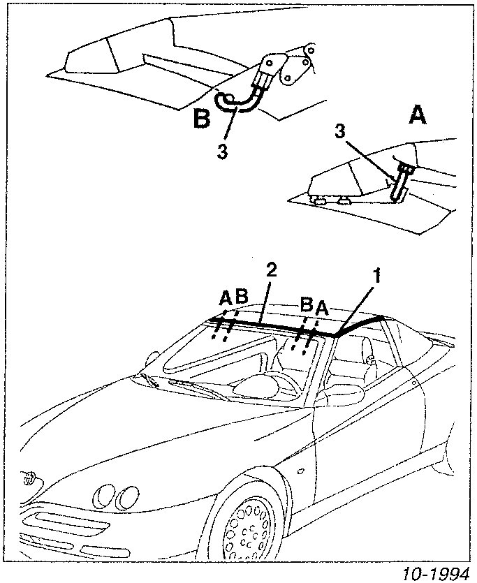 Hood alignment with parts 1, 2, 3 and hooks A, B