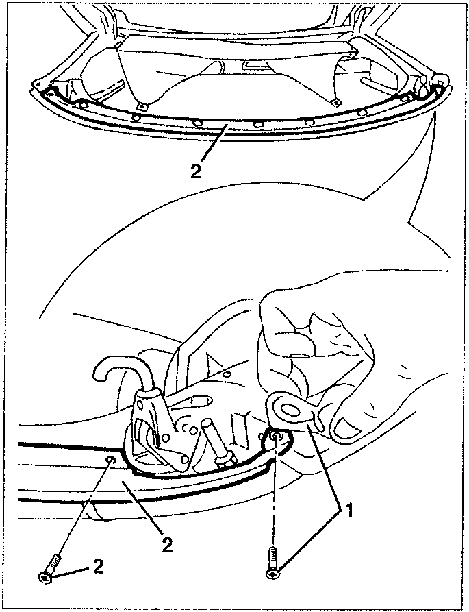 Diagram showing removal of metal clips, front edge of hood, and screws under hood hooking handles
