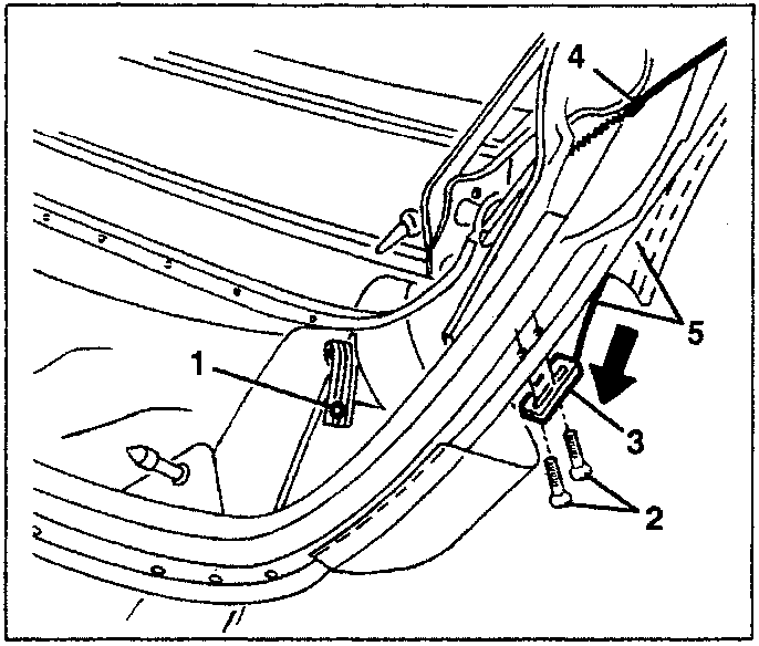 Diagram showing removal of rearscreen elastic tape button, plate screws, and tensioning cable