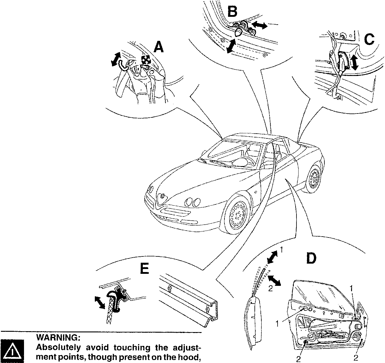 Illustration of hood adjustment points on a car.