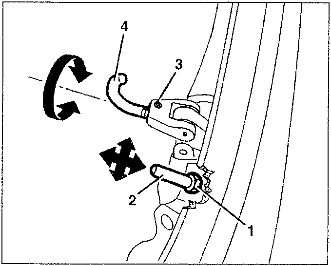Diagram showing front hood pins and hooks with numbered parts 1, 2, 3, 4