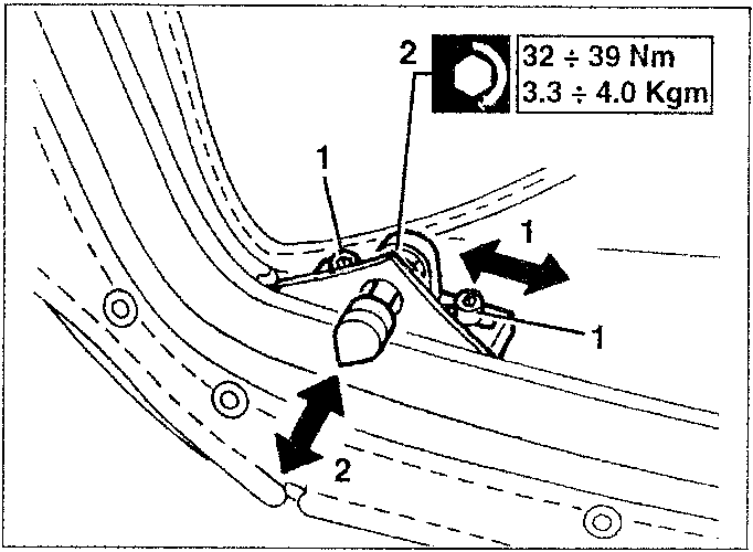 Diagram showing rear hood pins with numbered parts 1 and 2 and torque specification box