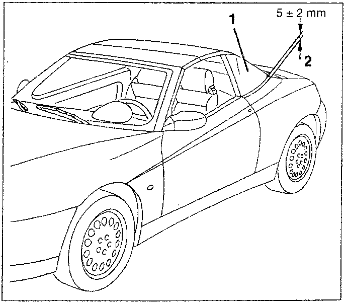 Diagram showing side view of car with hood closed and measurement line indicating 5 ± 2 mm