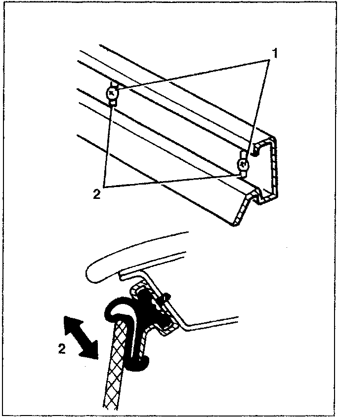 Diagram showing window seal groove adjustment with numbered parts 1 and 2