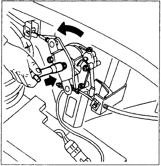 A hand using a special wrench to press on a motor pin and turn a lever counter-clockwise on a motor spindle.