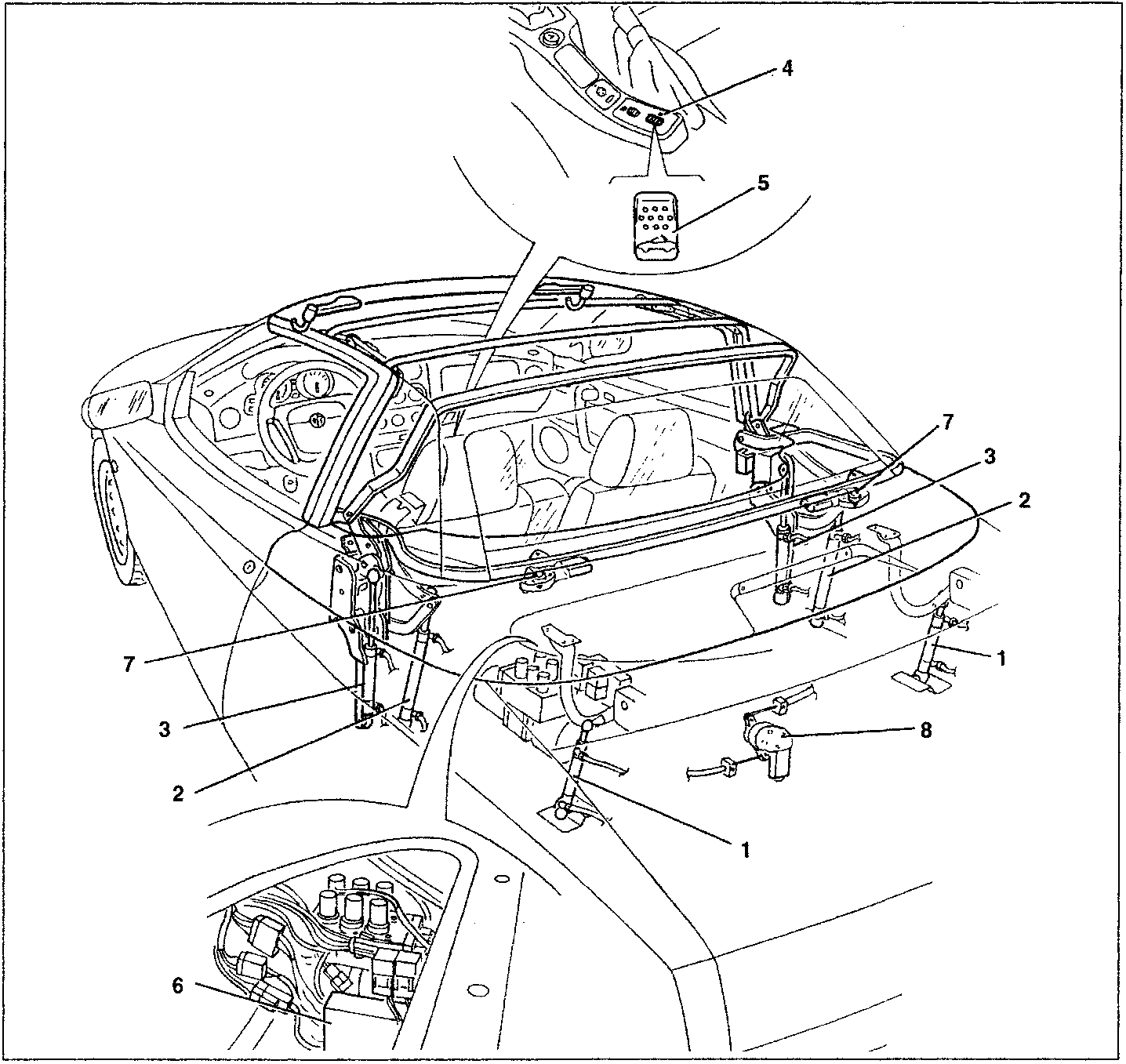 Diagram showing components of the automatically-operated hood system including the hood cover operating cylinder, 5th arc operating cylinders, hood operating cylinders, led, hood operating button, electronic control unit, hood release locks, and hood cover release lock.