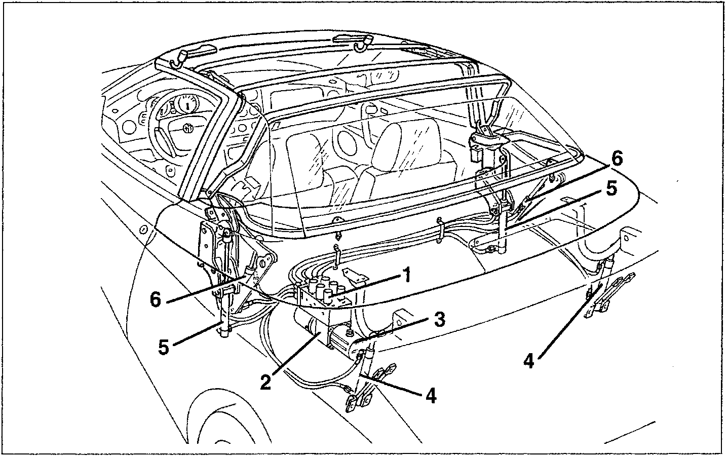 Diagram showing the hydraulic system components of a car hood, including solenoid valves, pump, reservoir-accumulator, and various cylinders.