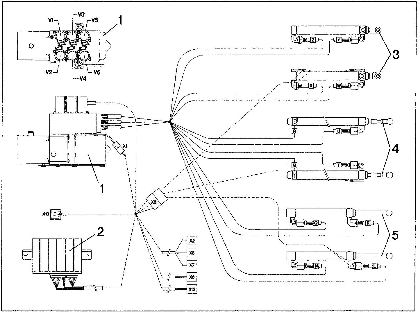 Schematic diagram of the automatically-operated hood system showing electrohydraulic unit, electronic control unit, main cylinders, 5th arc cylinders, and hood cover cylinders with hydraulic connections.