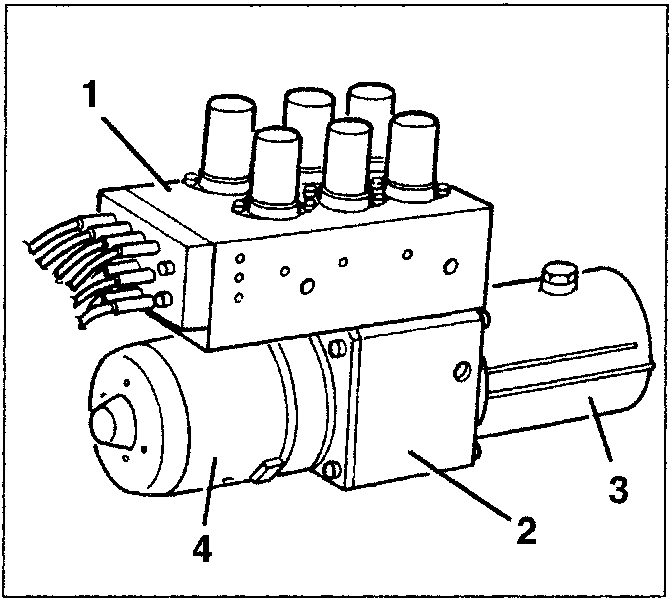 Pump assembly diagram showing solenoid valves, pump, reservoir-accumulator, and electric motor.