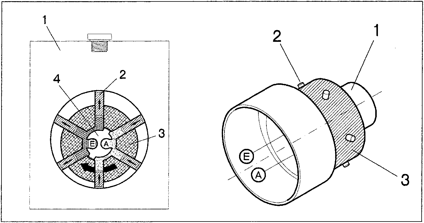 Cross-sectional view of pump showing stator, rotor, pistons, inlet hole E, and delivery hole A.