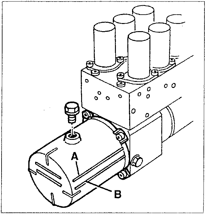 Hydraulic reservoir with level indicators A and B, showing a self-relieving system with cylinders above.