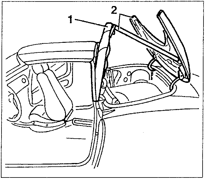 Hood cover clamping locks removal diagram showing hooks 1 and 2