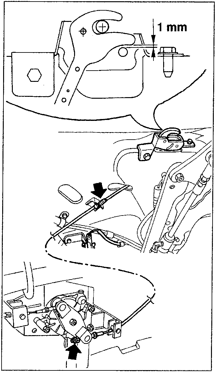 Diagram showing adjustment of control cable with 1 mm clearance marked