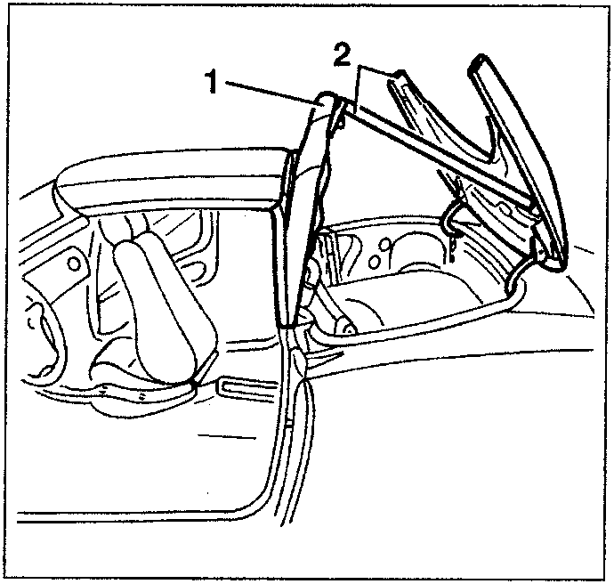 Interior view showing hood mechanism with parts 1 and 2