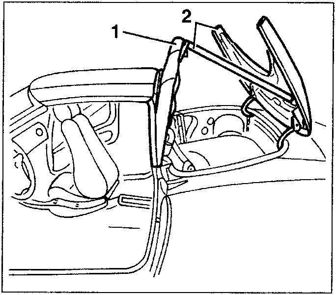 Illustration showing hood cover open with brackets labeled 1 and 2