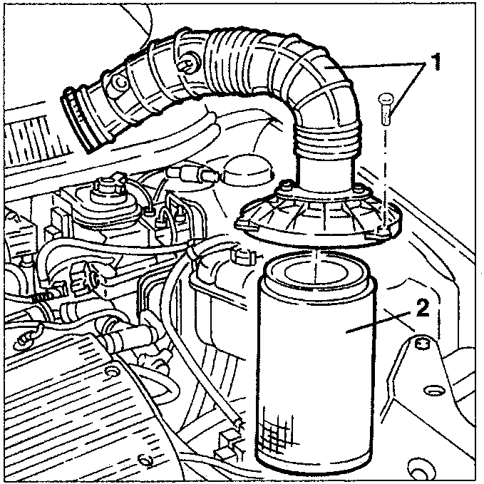 Air cleaner cover removal diagram showing parts 1 and 2