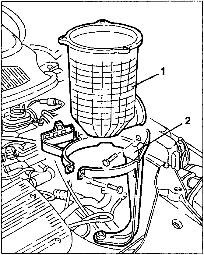 Air cleaner box and support bracket removal diagram showing parts 1 and 2