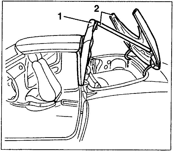 Diagram showing hood cover being opened with two brackets labeled 1 and 2