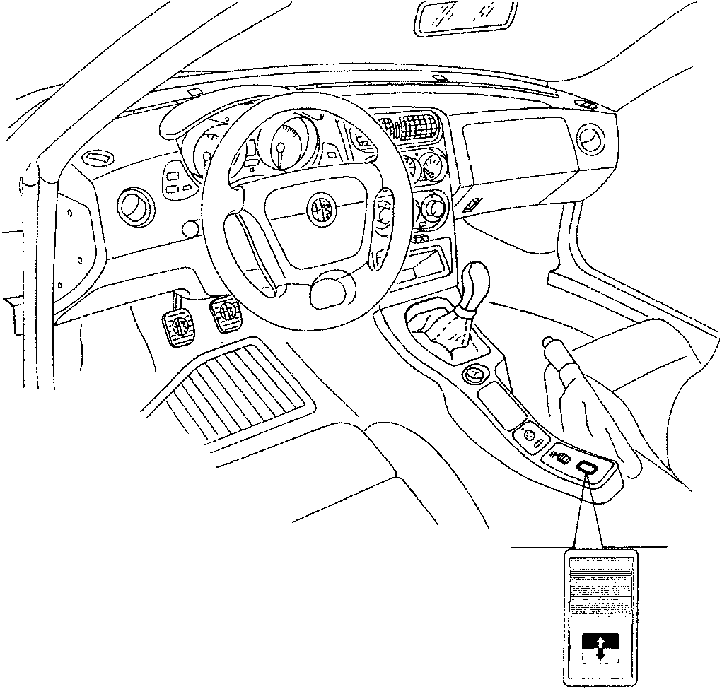 Interior view showing dashboard, steering wheel, gear shift, and a hand pointing to a sunroof control button on the tunnel console. The button has an up arrow and a down arrow symbol.