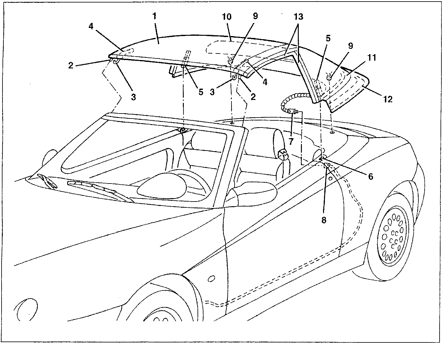 Diagram showing the hard top installation on a car with numbered parts