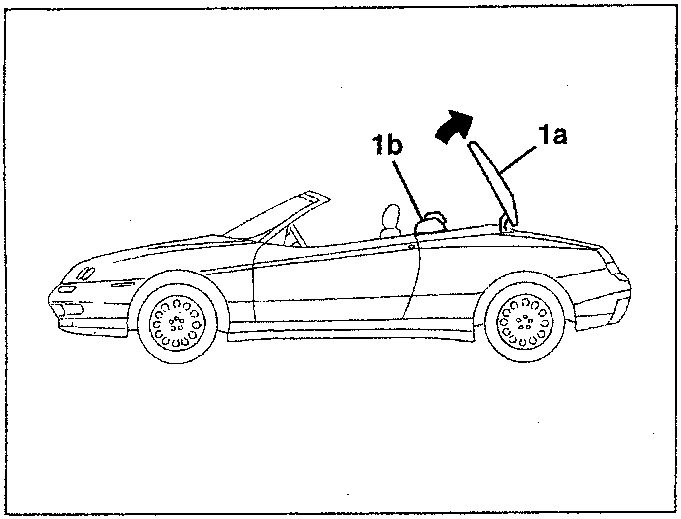 Side view of a convertible car with the hood cover (1a) open and side covers (1b) shown