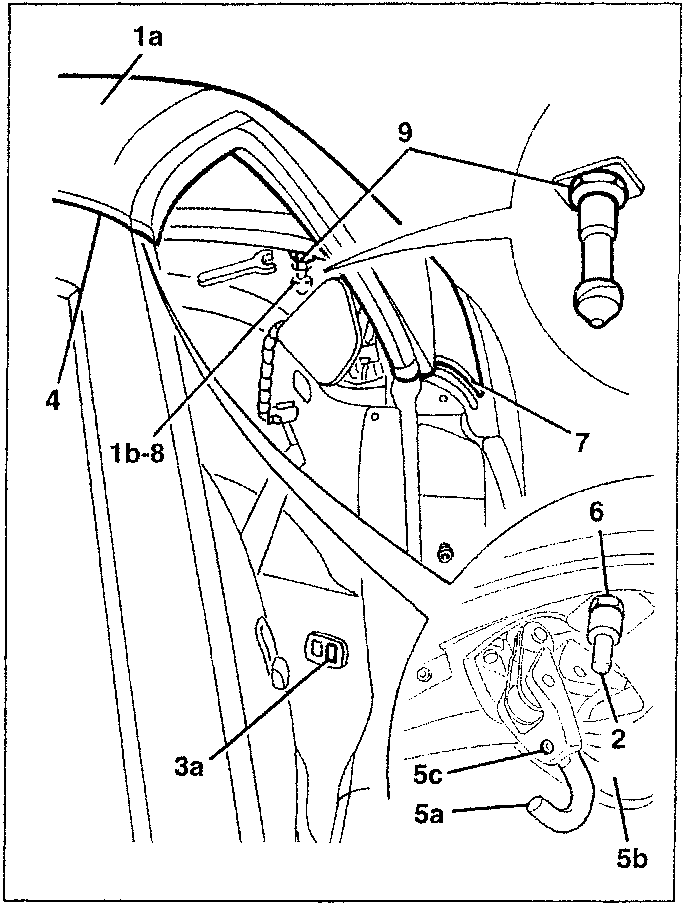 Close-up diagram of the hard top mechanism showing various components and their labels.