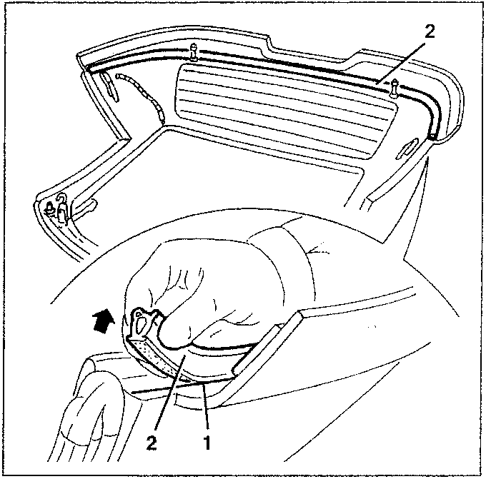 Diagram showing hand removing a seal from the hard top with parts labeled 1 and 2.