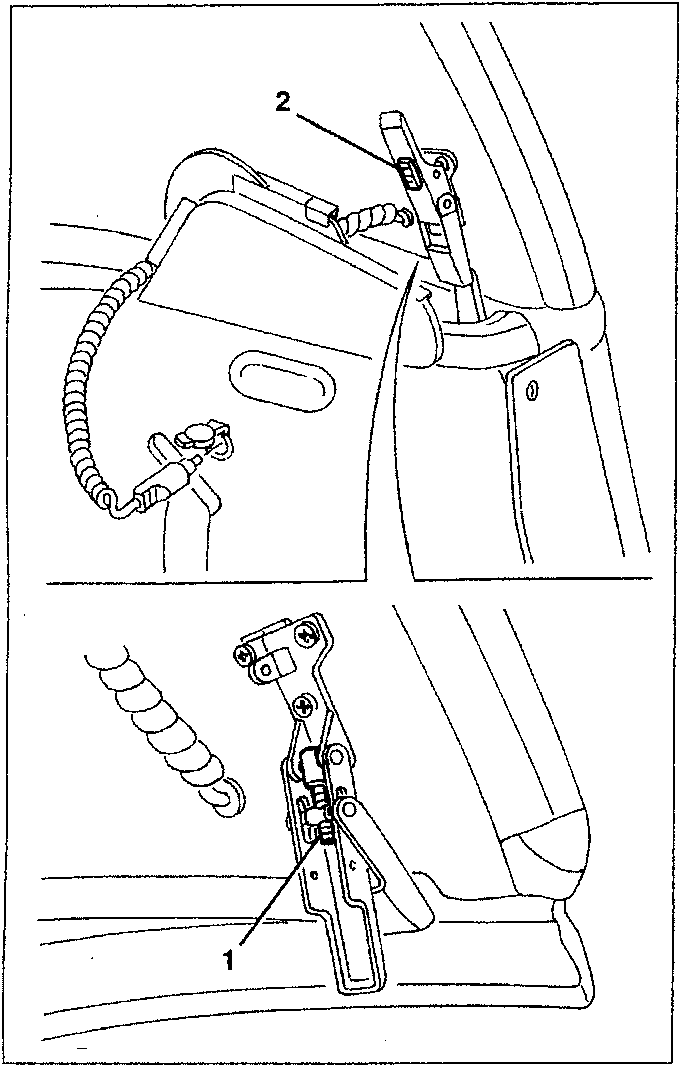 Diagram showing side fastening handle mechanism with parts labeled 1 and 2.